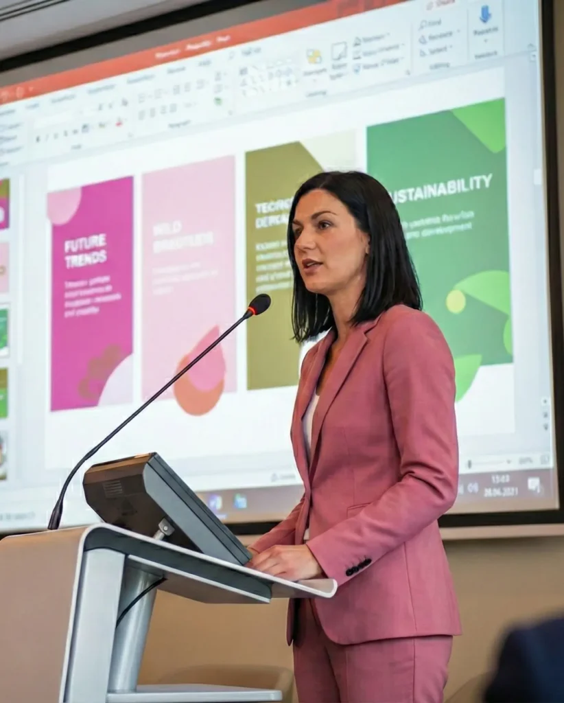 kvinde i pink suit holder en powerpoint tale mobilversion